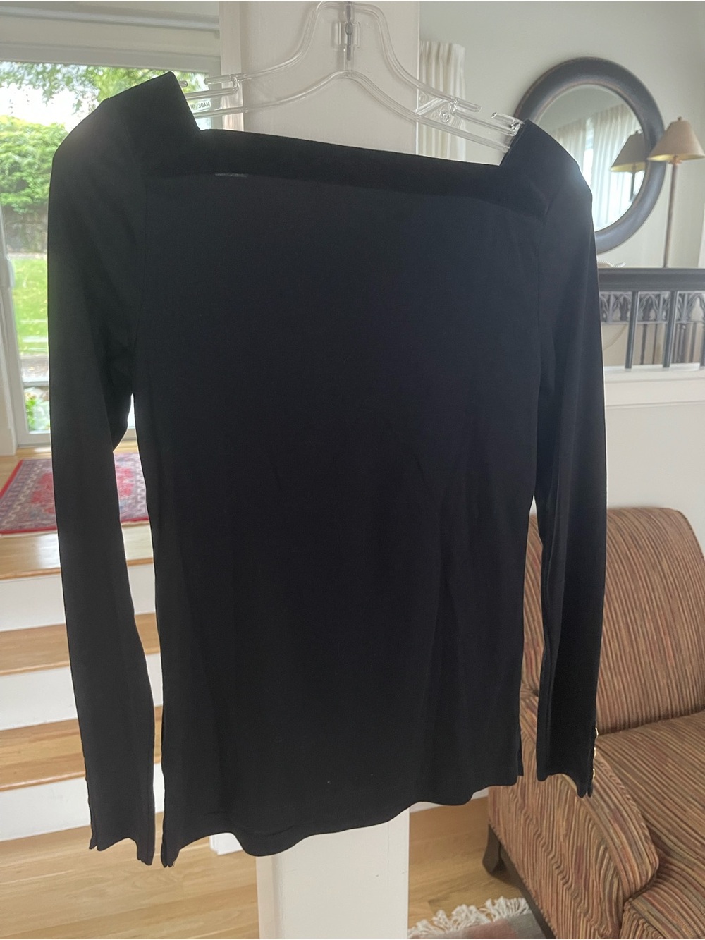 NWT Classic Black Long-Sleeve Square Neck Cotton Top w/ Velvet accents